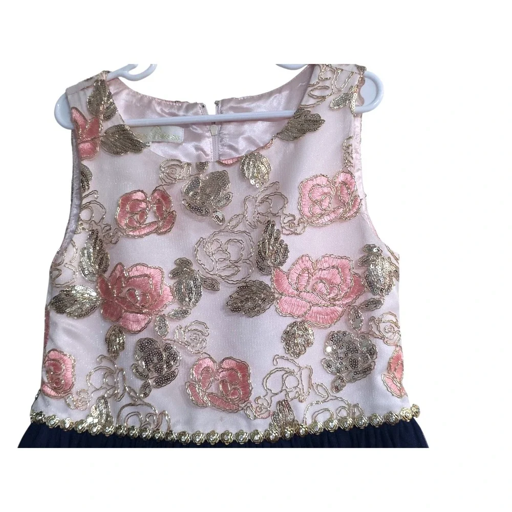 American Princess Girls Pink Gold Sequin Floral Navy Tulle‎ High Low Dress 12